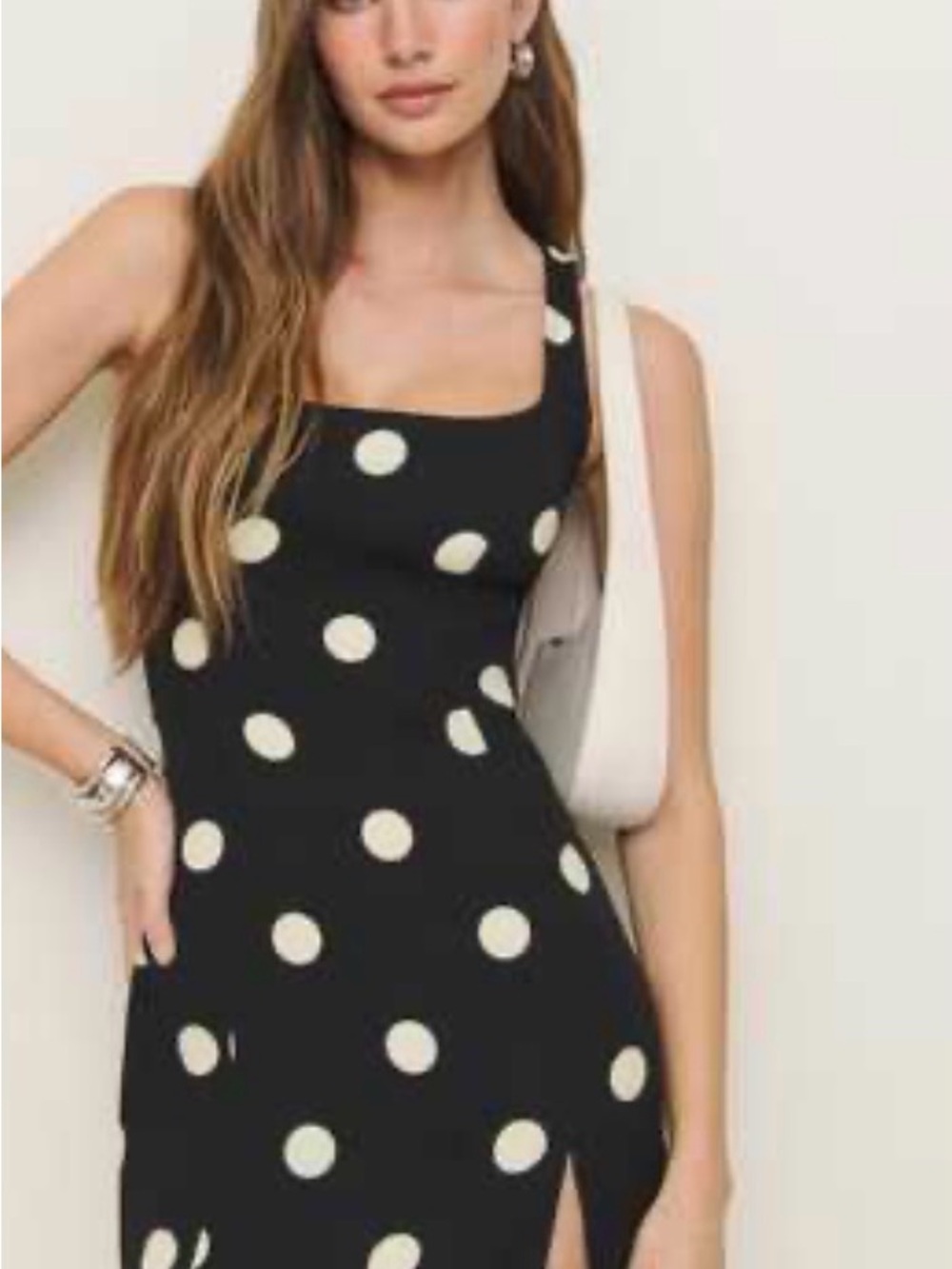 Reformation Black Midi Dress with Cream Polka Dots